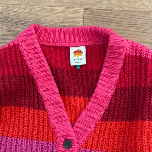 Farm Rio Striped Maxi Cardigan Red Pink Button Ribbed Acrylic Monochrome S - Picture 2 of 4